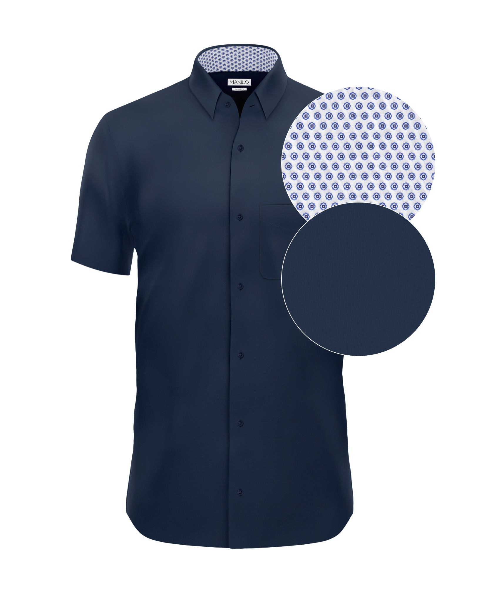 Chemise décontractée facile à repasser à manches courtes avec motif imprimé dans le col et les poignets en bleu foncé (art. 1013-C-KA)
