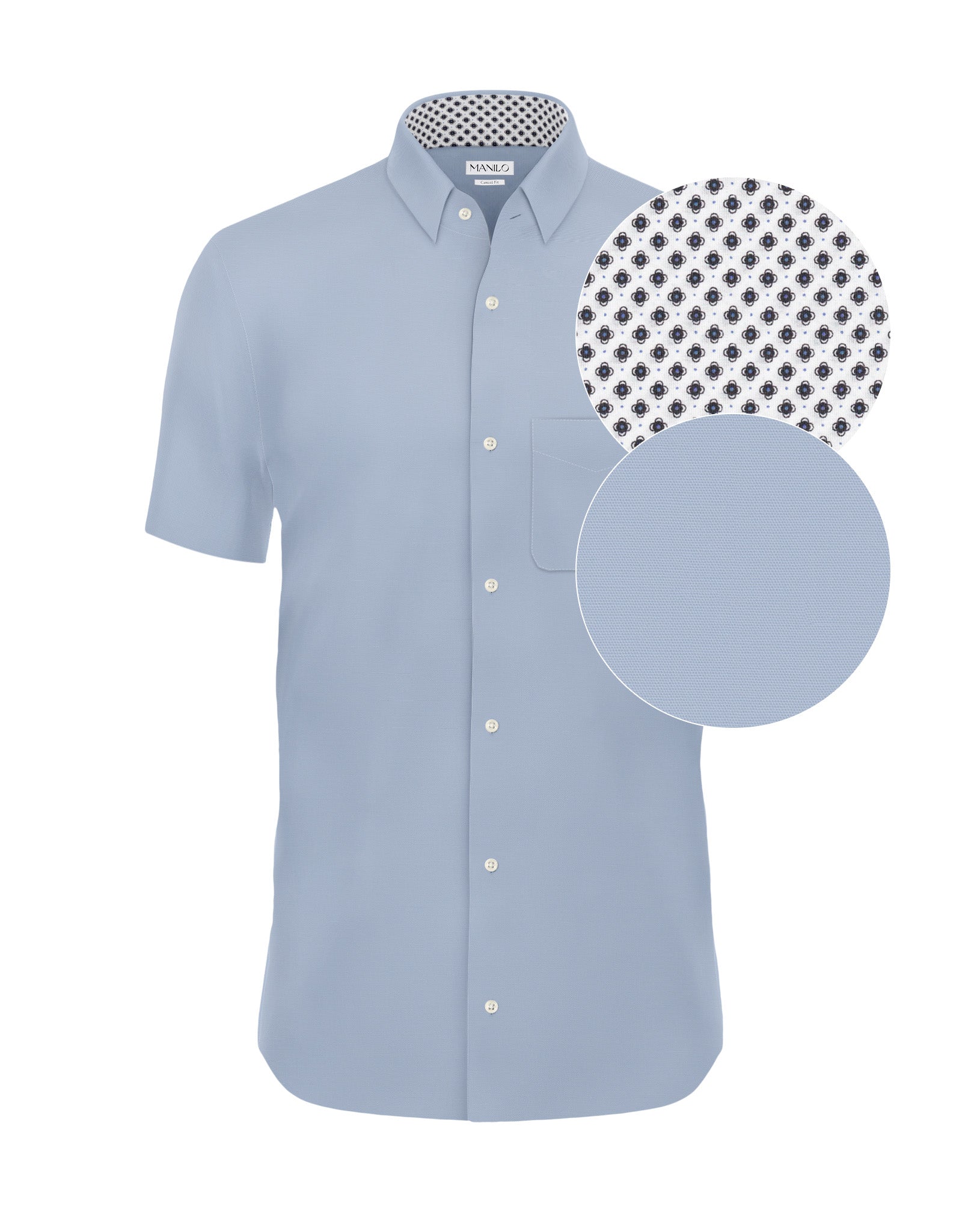 Chemise décontractée facile à repasser à manches courtes avec motif imprimé dans le col et les poignets en bleu clair (art. 1016-C-KA)