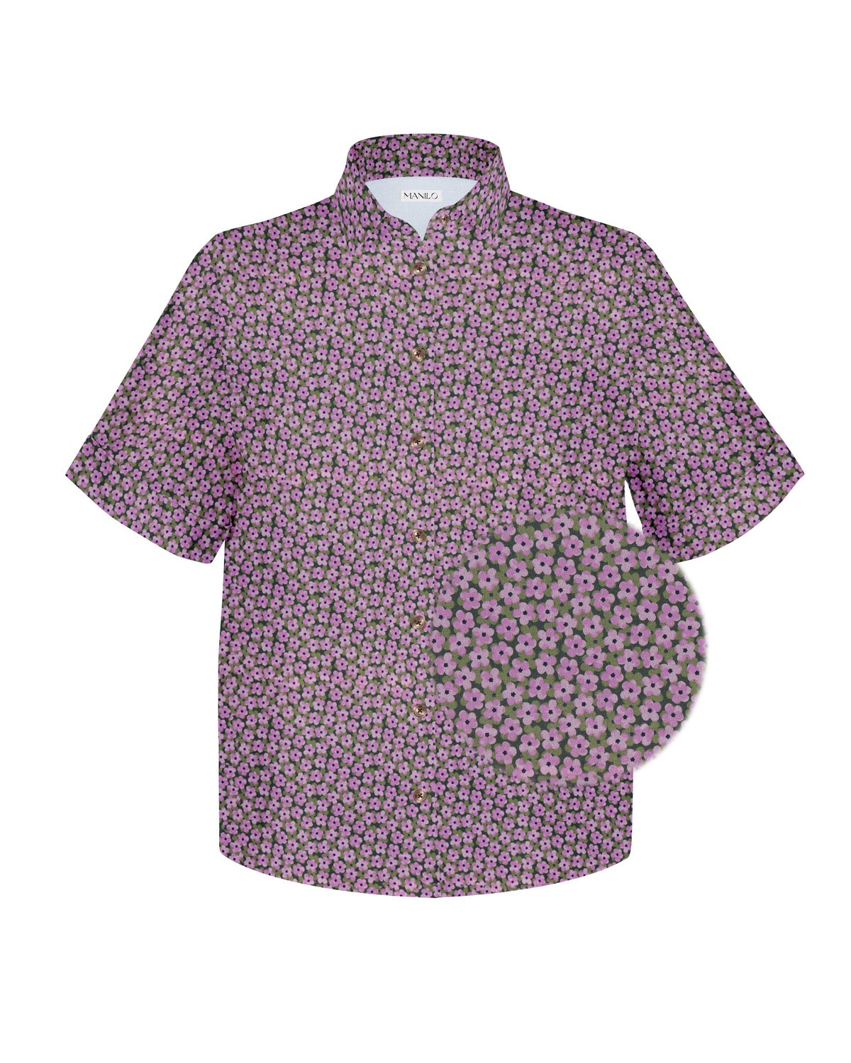 Oversize short-sleeved blouse MARIE with floral print in purple (Art. 2120D-M)