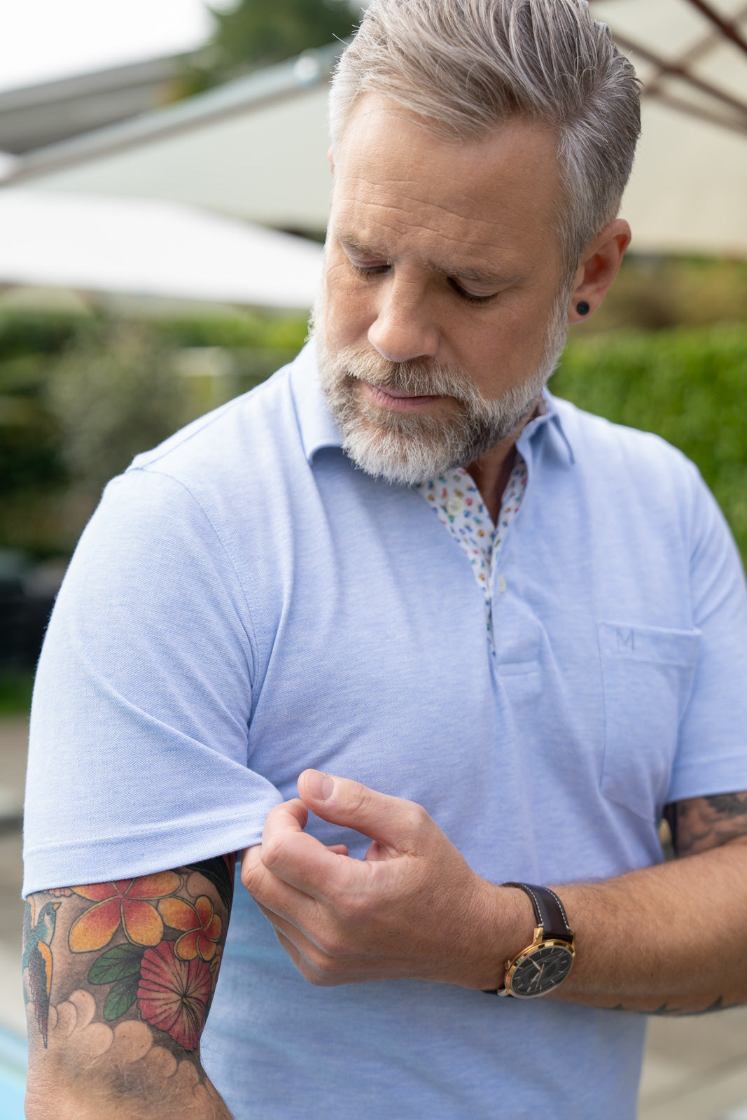 Polo shirt with print pattern in collar and button placket in light blue (Art. 2582-PS-KA)