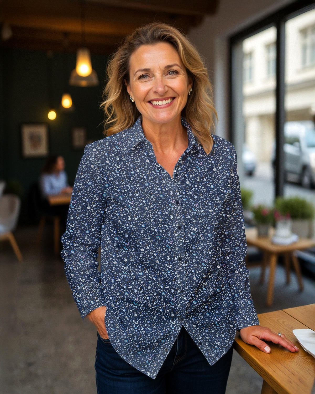 Stretch-Bluse SOPHIE mit Blumenprint in Dunkelblau (Art. 2207D-S)