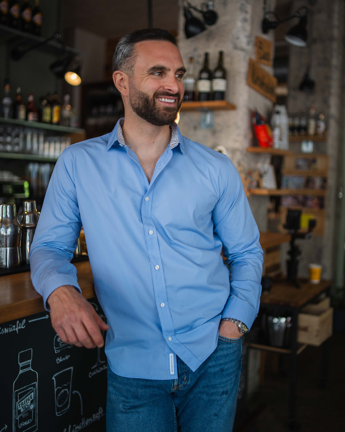 Bügelleichtes Freizeithemd mit Printmuster in Kragen und Manschette in Hellblau (Art. 1012-C)