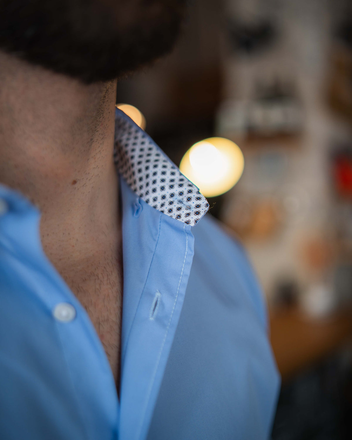 Bügelleichtes Freizeithemd mit Printmuster in Kragen und Manschette in Hellblau (Art. 1012-C)