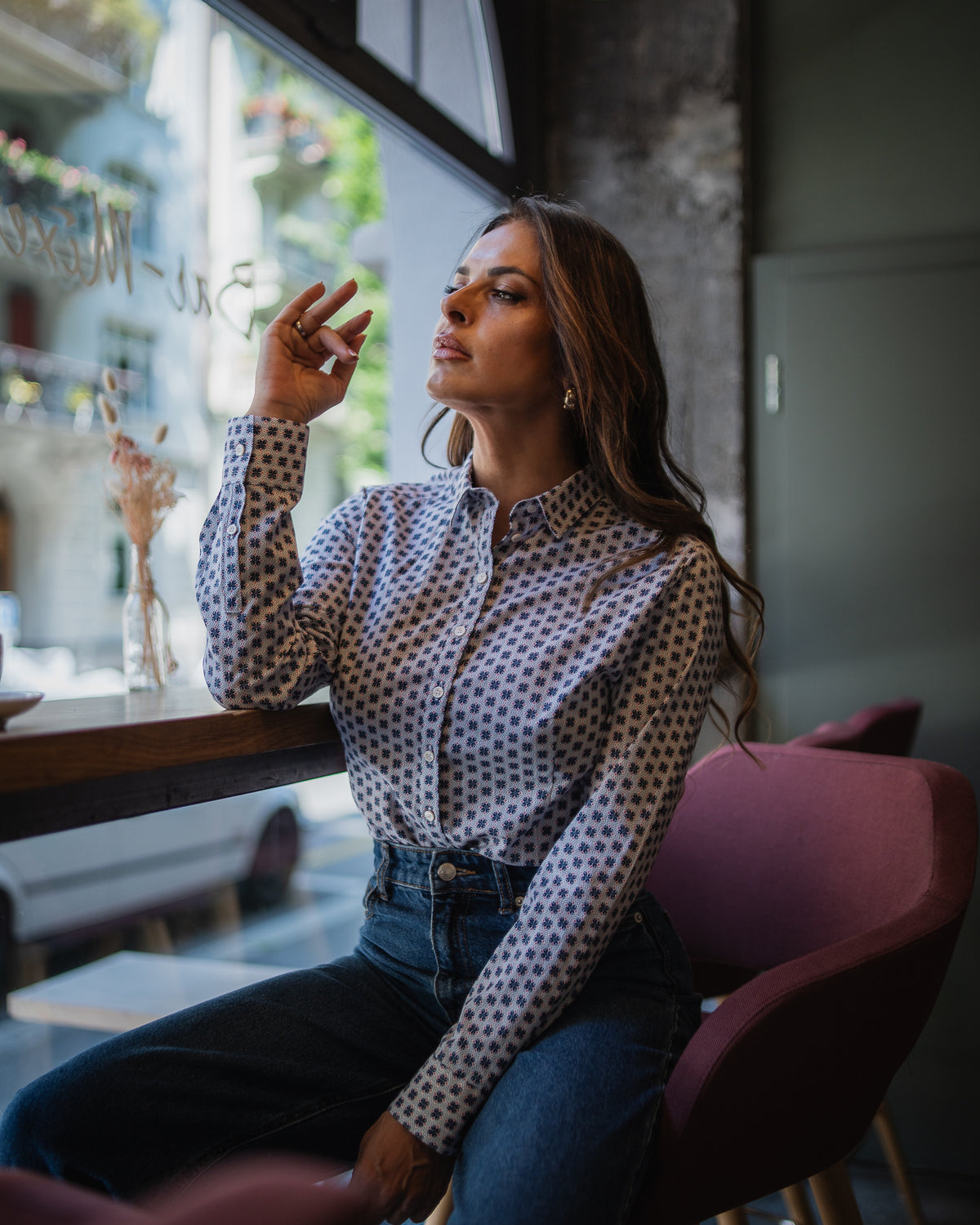 Stretch-Bluse SOPHIE mit Schneeflocken-Print in Rosa/Blau (Art. 2243D-S)