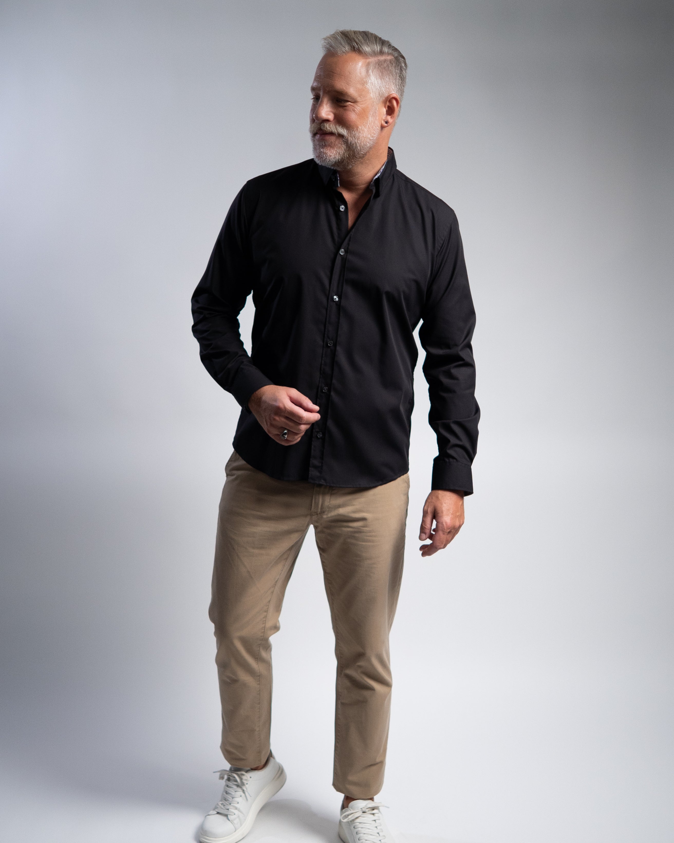 Easy-iron casual shirt with print pattern in collar and cuff in black (Art. 1014-C)