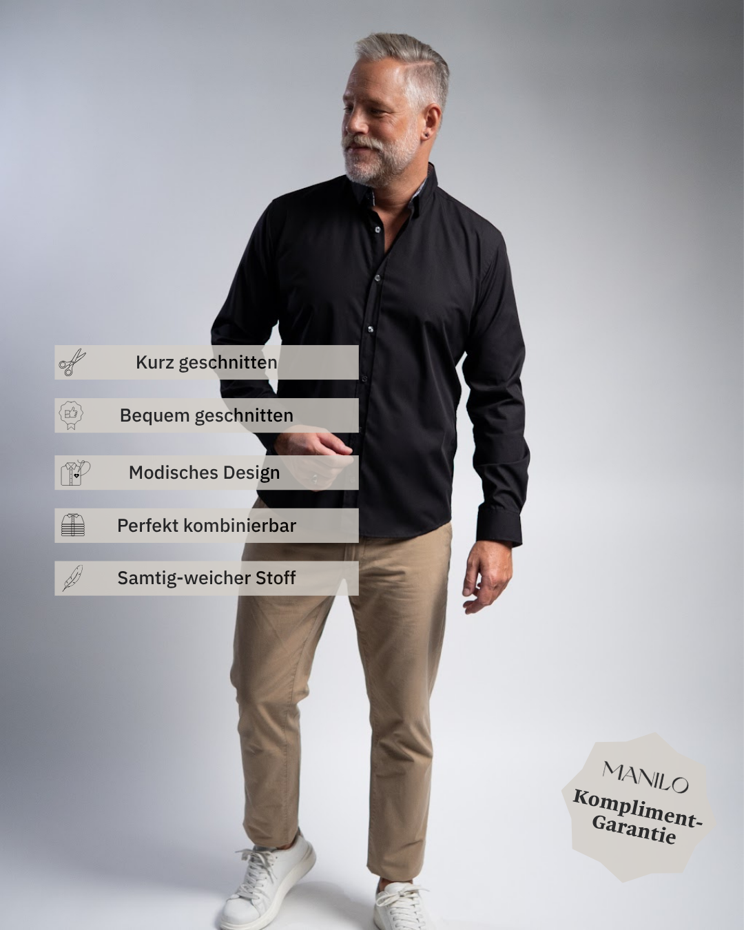 Chemise décontractée facile à repasser avec motif imprimé dans le col et les poignets en noir (art. 1014-C)