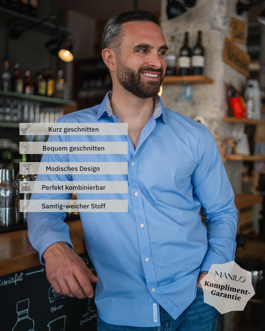 Bügelleichtes Freizeithemd mit Printmuster in Kragen und Manschette in Hellblau (Art. 1012-C)