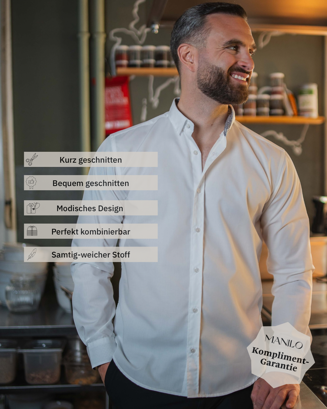 Chemise décontractée facile à repasser avec motif imprimé dans le col et les poignets en blanc (art. 1011-C)