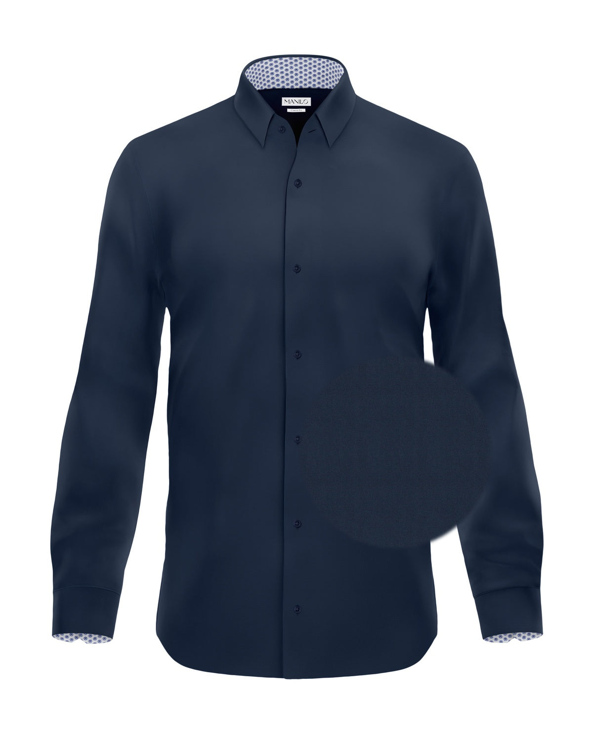 Chemise décontractée facile à repasser avec motif imprimé dans le col et les poignets en bleu foncé (art. 1013-C)