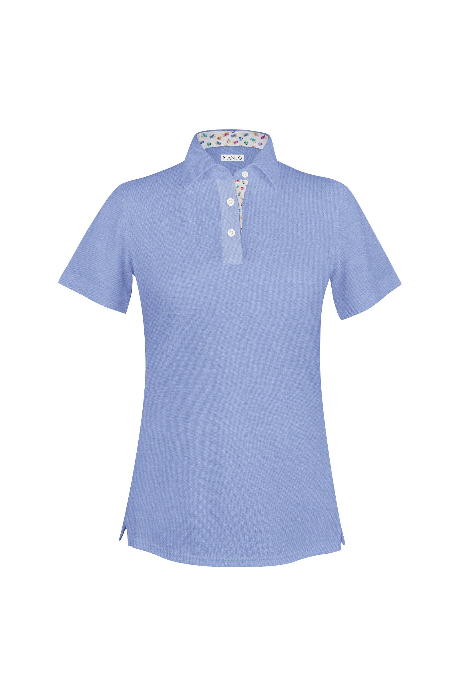 Kurzarm-Poloshirt LOUISE mit Printmuster in Kragen und Knopfleiste in Mittelblau (Art. 2173D-L-KA)