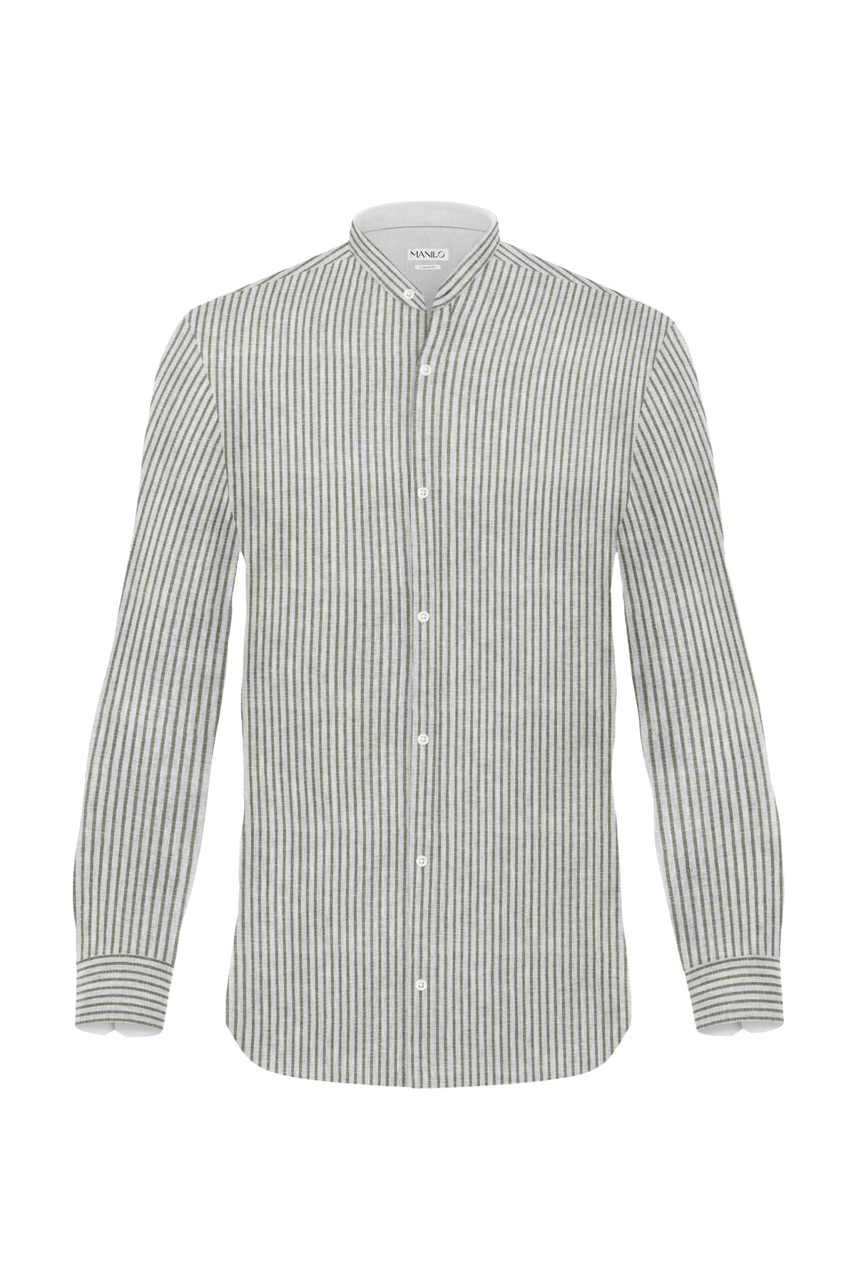 Linen shirt with stripes in green and stand-up collar (Art. 2573-C-SK)