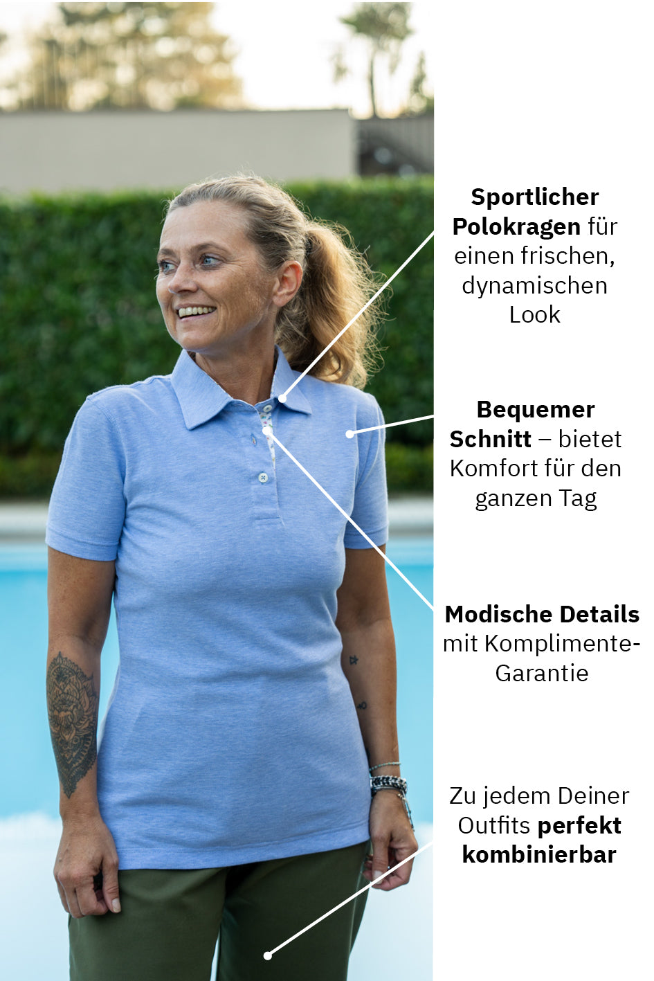 Kurzarm-Poloshirt LOUISE mit Printmuster in Kragen und Knopfleiste in Mittelblau (Art. 2173D-L-KA)